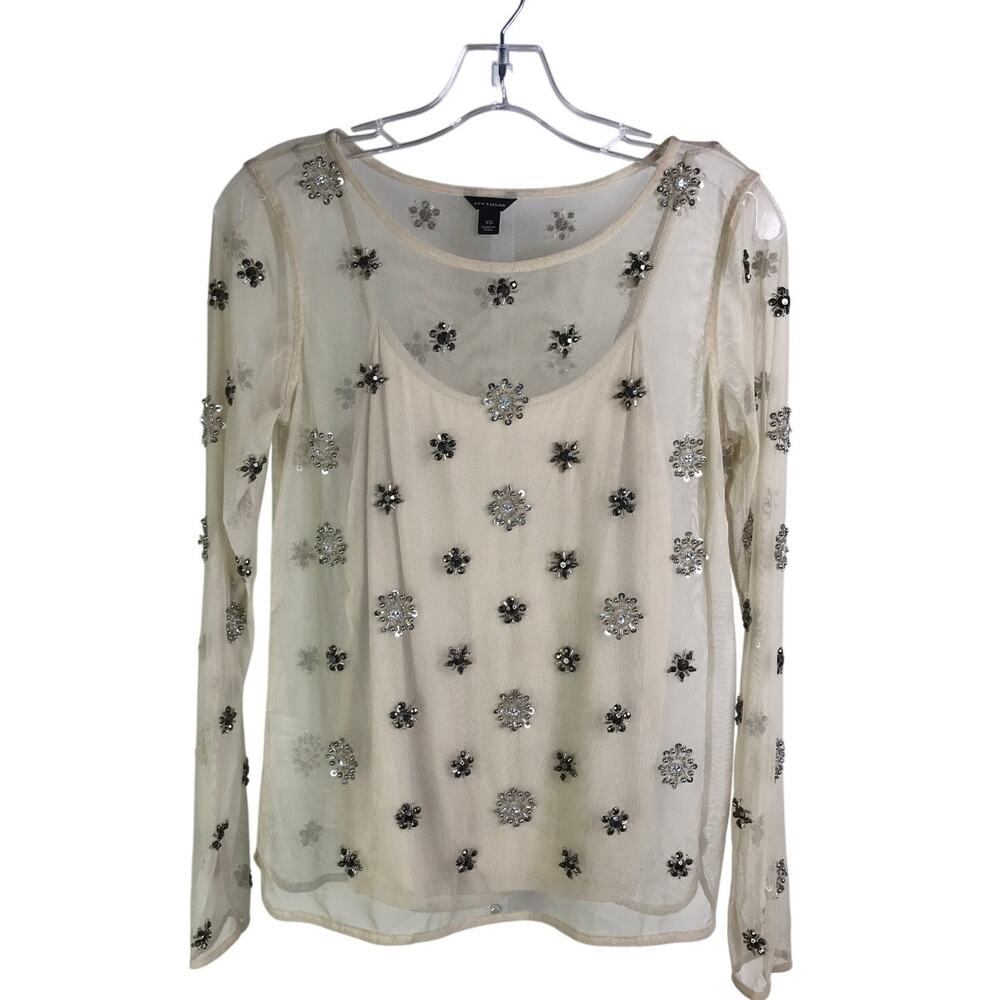 Ann Taylor‎ Top Womens Size XS Cream Nude Mesh W/Gems